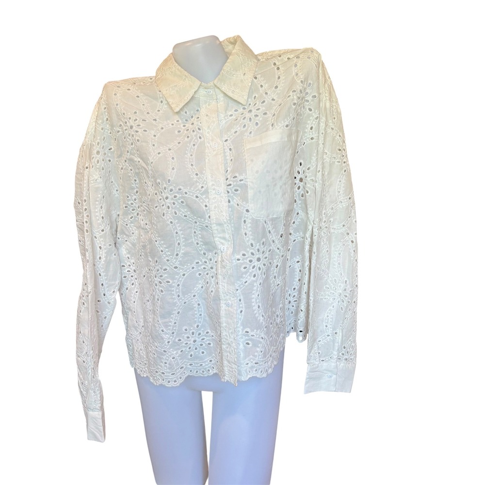 Liv Los Angeles White Eyelet Lace Button Down Shirt Coastal XL Cotton Scallop